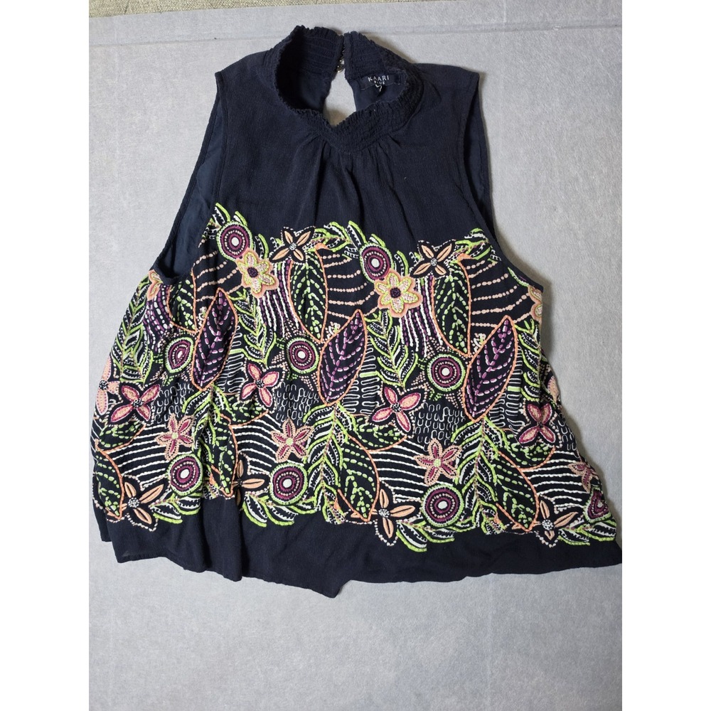 Kaari Blue Navy Embroidered Mock Smocked Neck Blouse XL Made In India